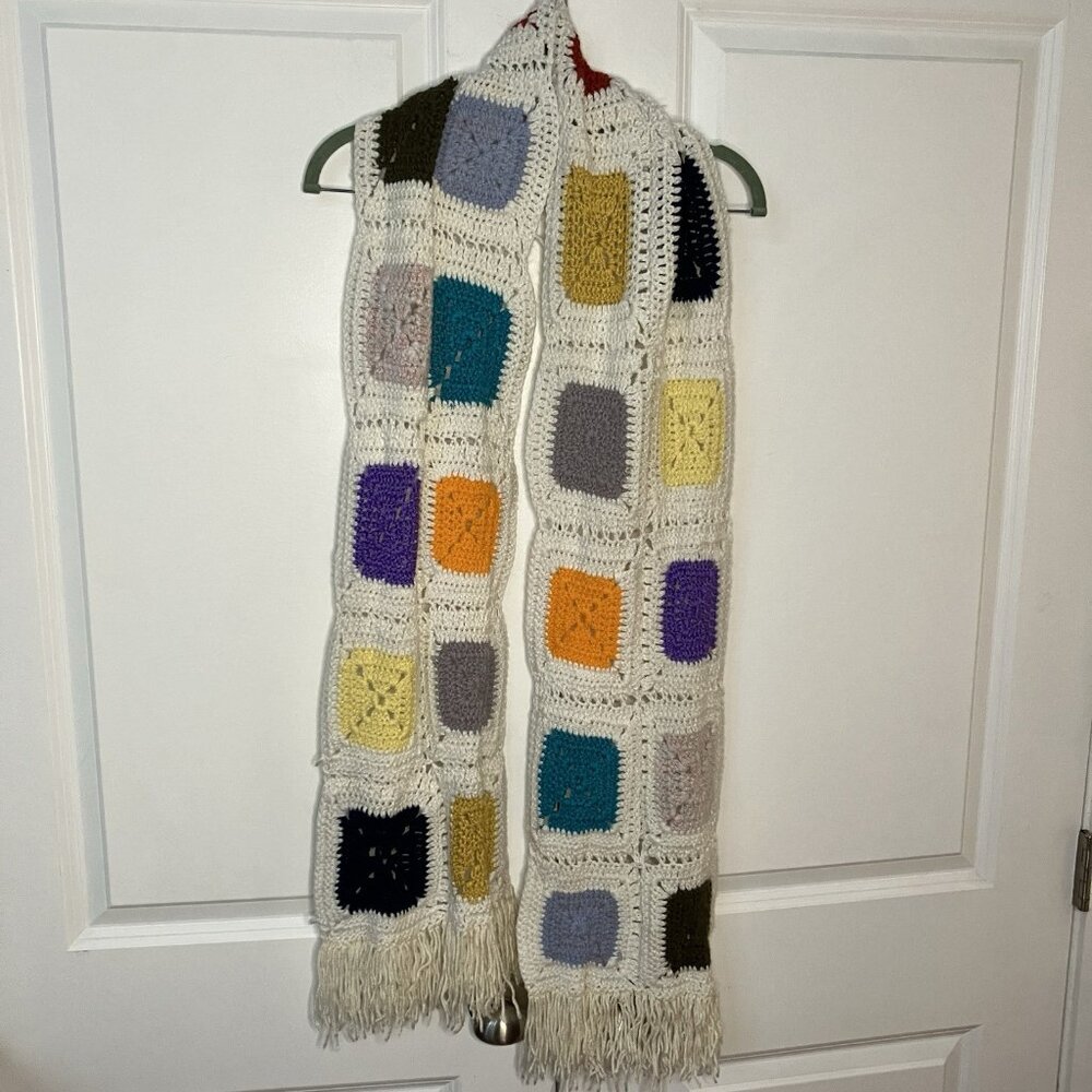 Vintage Crochet Scarf Handmade Granny Square‎ Fringe Boho Winter Cottagecore